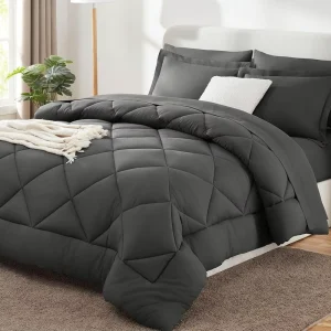 7PC Comforter Set Dark Grey Bed in a Bag Queen Size 7 Pieces Luxury Soft Bed Set for All Seasons Bedding Set with Comforter
