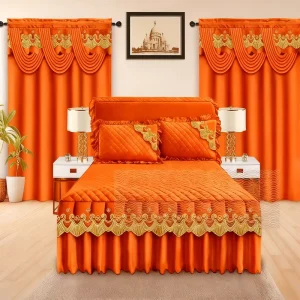 7PCS Quilted Bedding Set with Lace Ruffles Bed Skirt Fitted Sheet Matching Window Curtains Factory OEM