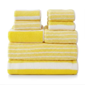 8-Piece Coral Fleece Bath Towels & Face Towels Set Quick-Dry Stripe Pattern Thick Absorbent Home Use