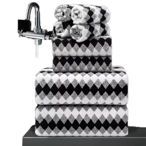 8-Piece Diamond Pattern 600GSM Soft Quick Dry Microfiber Bath Towel Set with 2 Oversized Bath Towels 2 Face Towels 4 Hand Towels
