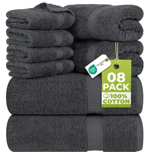 8 Piece Luxury Towel Set Majestic Plush 100% Ring Spun Cotton Super Absorbent Quick Dry Solid Grey 2 Bath Towels 2 Towels