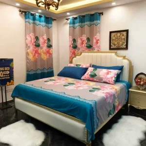 8 Pieces Bedding Set with Curtains Printed Bed Sheet Fitted Sheet Pillowcase Set for Bedroom Home Textile