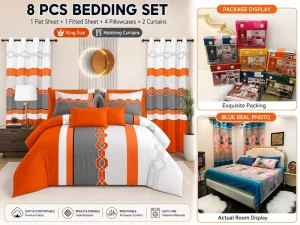 8 Pieces Bedding Set with Curtains Printed Bed Sheet Fitted Sheet Pillowcase Set for Home Textile