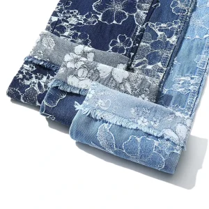 80% Cotton Flower Cutting Blue Jacquard Denim Fabric for Jeans 11.8 Oz Denim Fabric