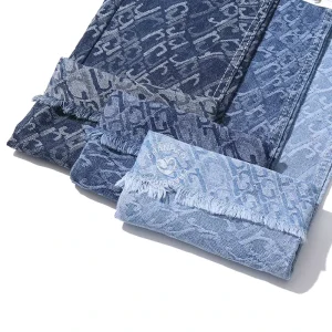 80% Cotton Twisted Letters Rr Blue Jacquard Denim Fabric for Jeans 10.5 Oz Denim Fabric