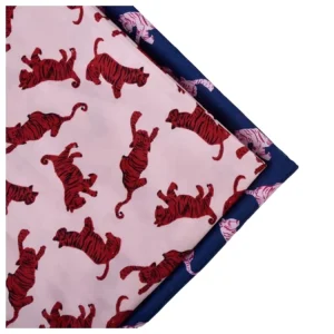 85/15 Recycled Polyester Cotton Red Tiger Printed TC Satin Woven Peach Skin Fabric Breathable for Garment Shirts Boys