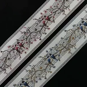 90mm Woven Jacquard Ribbon Flower Trim Black Gold Pattern for Curtain and Clothing Accessory
