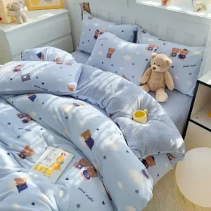A Class Thick Milk Velvet Bedding Set Cartoon Bear Print Warm Coral Fleece Duvet Cover Set