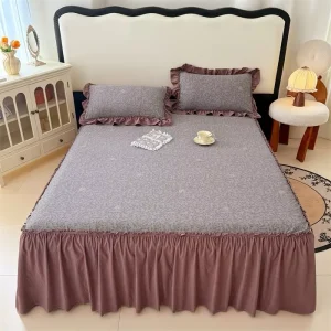 A-type Washed Pearl Cotton Single-piece Bed Skirt Double-layer Yarn Mattress Protector Three-piece Bedding Bed Sheet Set