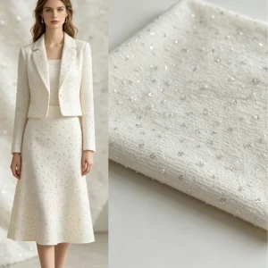 A018Cream Crinkled Chiffon Fabric With Scattered Pearl & Silver Sequin Embroidery for Light Wedding & Fairy Dresses
