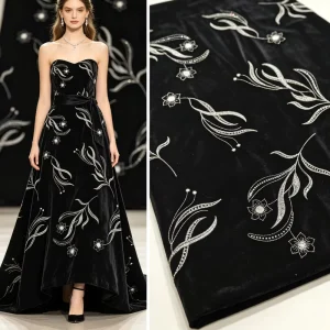 A054 Black Velvet Fabric With Elegant Silver Leaf Floral Bead Embroidery for New Chinese Cheongsams Annual Party Gowns