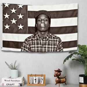 ASAP Rocky with Flag 3x5ft Poster Rakim Mayers Smoking Plaid Shirt Rap Hip Hop Music Art Men’s Dormitory Decorative Tapestries