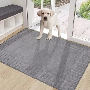 Absorbent Grey Tufted Striped Low Profile Entrance Mats Non Slip Resist Dirt Washable Entryway Dog Door Mat for Muddy Paws