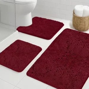 Absorbent Plush Shaggy 3 Piece Bath Rug Set with Rubber Backing Machine Washable Includes 24″ Mats