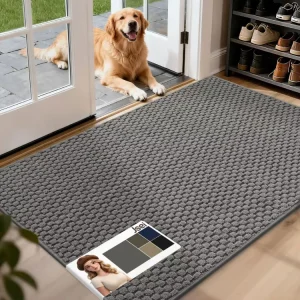 Absorbent Stain Resistant Tufted Loop Pile Polyester Non-Slip Washable Dog Door Mat 20×32 for Muddy Wet Shoes & Paws