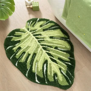 Absorbent Tufted Bath Mat Non Slip Machine Washable Leaf Shaped Green PET Friendly Thick Home Hotel Use Decorative Area Rug