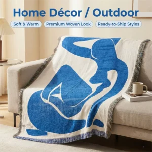 Abstract Art Blue Muse Embroidered Jacquard Woven Throw Tapestry Blanket Heavyweight Multi Use Modern Home Decor Custom Size