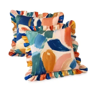 Abstract Brushstroke Print Ruffle Edge Square Throw Pillow Cover Colorful Art Decorative Cushion Case for Sofa Bedroom