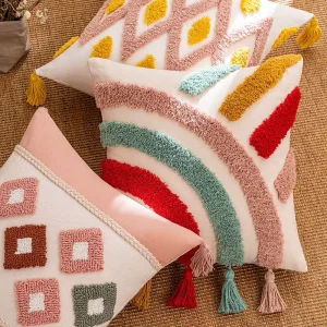 Abstract Geometric Square Face Pillow Cover Colorful Tufted Rainbow Tassel Fabric Throw Pillow Removable Washable Modern Decor