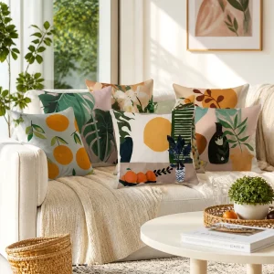 Abstract Mid Century Cushion Cover Soft Polyester Boho Terracotta Sun Leaf Print Throw Pillow Case Accent Shell for Couch