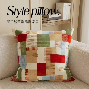 Abstract Plaid Dutch Velvet Decorative Throw Pillow Cover Vintage Block Pattern Soft Square Cushion Case for Couch