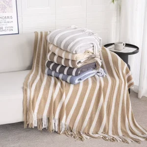 Acrylic Beige & White Striped Knit Throw Blanket Plush Tassels for Bedroom Sofa Bed Nordic Style All Season Washable Home Decor