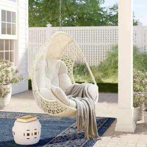 Adjustable Height Macramé Woven Egg Swing Chair with Soft Cushion & Pillow Bohemian Hanging Chair for Patio & Garden