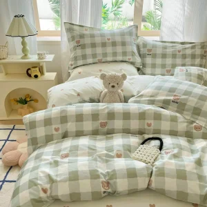 Adorable Bear Print 100% Cotton 4 Piece Duvet Cover Set Soft Breathable Machine Washable with Flat Fitted Sheet Option