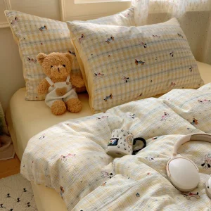 Adorable Puppy & Bunny Print 4 Piece Duvet Cover Set Double Gauze Ultra Soft & Breathable for Kids
