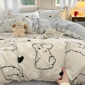 Adorable Puppy Print 100% Cotton 4 Piece Duvet Cover Set Skin Friendly Machine Washable