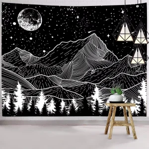 Aesthetic Black and White Nature Mountain Mandala Moon Phase Snake Print Trippy Skeleton Tapestry with Hooks