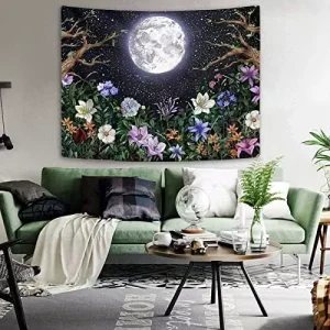 Aesthetic Bohemian Cotton Moon Garden Tapestry Wall Hanging Abstract Night Landscape with Colorful Plants