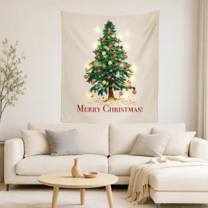 Aesthetic Christmas Wall Hanging Linen Tapestry Rectangle Merry Xmas Banner American Style Hand Washable Backdrop