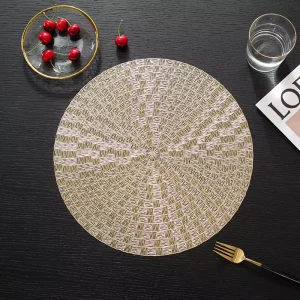 Aesthetic Minimalist Woven Grid Sunburst Round PVC Placemat Foldable Interlaced Stripe Hollow Texture Elegant Table Setting Mat