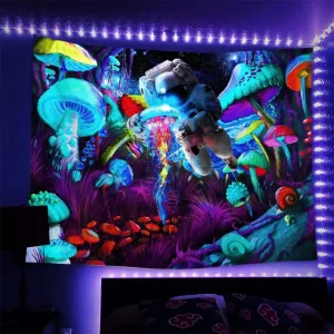 Aesthetic Trippy Blacklight Alien Psychedelic UV Reactive Mushroom Tapestry