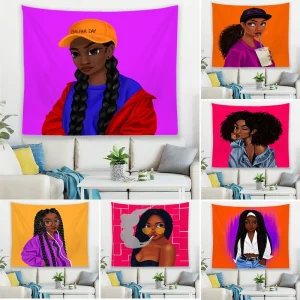 African American African Girls 100% Polyester Waterproof Foldable Insulated Customizable Wall Tapestry for Bedroom