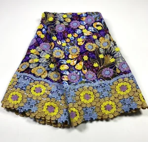 African Ankara Fabric with 3D Floral Embroidery & Lace Trim Dutch Wax Print Cotton Fabric for Women’s Dresses