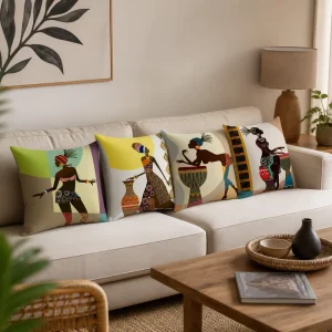 African Art Cushion Cover Soft Polyester Black Woman Drummer Print Throw Pillow Case Shell for Living Room Decor