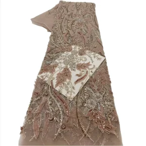 African Beaded Pearl Lace Fabric for Nigerian Wedding Asoebi Bridal Evening Party Dresses