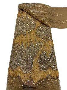 African Beaded Sequins Lace Fabric Crystal Embroidered Tulle Breathable Wrinkle Resistant Medium Weight Women Evening Dress