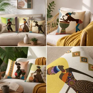 African Ethnic Art Cushion Cover Soft Polyester Tribal Woman Drummer Print Throw Pillow Case Shell for Living Room
