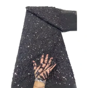 African French Net Lace Fabrics With Sequins and Beads Black Color Women Evening Dress Mesh Lace Fabrics