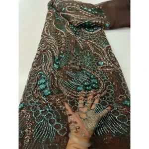 African Handmade Embroidered Beaded Lace Fabric Breathable 100% Polyester Home Textile for Girls Nigerian French Sequins 5 Yards