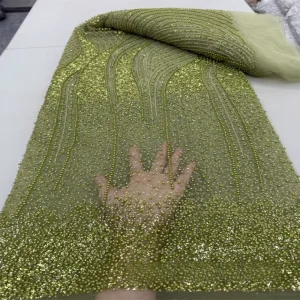 African Heavy Beaded Sequin Embroidery Wedding Dress Fabric Stretch Lace with Knitted Technics for Girls Fashion