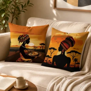 African Heritage Throw Pillow Cover Soft Polyester Tribal Ethnic Woman Drummer Cushion Case Accent Shell for Couch
