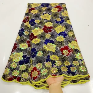 African Lace Flower Sequin Fabric Embroidery Fabric Lace Fabric Encaje De Lentejuelas for Women Dress