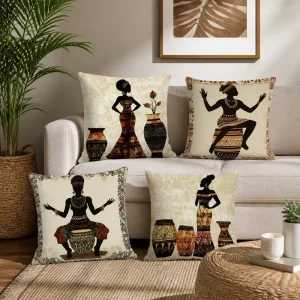 African Modern Art Throw Pillow Cover Soft Polyester Black Woman Headwrap Cushion Case Accent Shell for Living Room