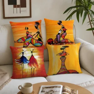 African Motif Cushion Cover Soft Polyester Black Gold Portrait Art Throw Pillow Case Accent Shell for Living Room