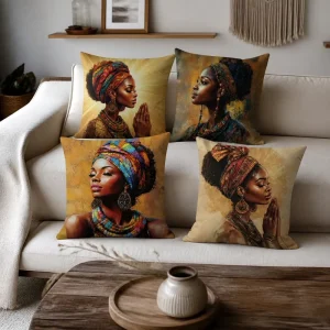 African Queen Art Throw Pillow Cover Soft Polyester Black Gold Headwrap Cushion Case Accent Shell for Living Room