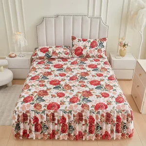 African Style Big Red Rose Flower Wedding Party Ruffled Bright Colorful Bed Sheets